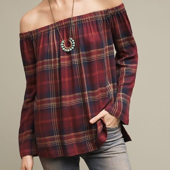 Cloth & stone off shoulder plaid flannel top S - Picture 1 of 13